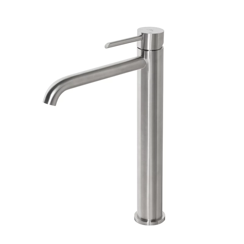 ROUND INOX_Monomando lavabo caño alto de 306mm con cartucho cerámico inox Cepillado